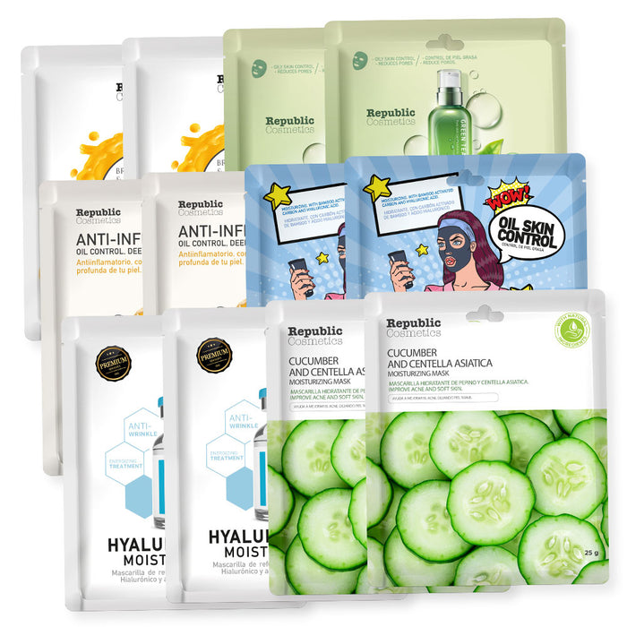 Republic Cosmetics Mix Pack 12 pcs Facial Masks: 2 Cucumber and Centella Asiatica, 2 Hyaluronic Acid and Q10, 2 Oil Control, 2 Organic Honey, 2 Organic Green Tea, and 2 Vitamin C